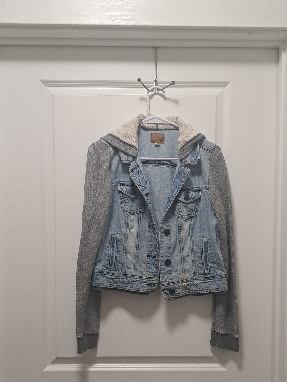 American Eagle Outfitters Light Blue Denim Jacket with Gray Knit Sleeves